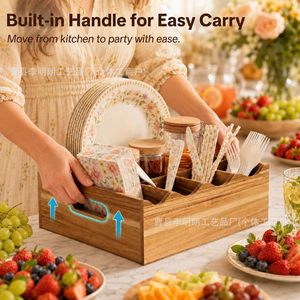 Boîte de rangement en bois pour couteaux et fourchettes avec poignée, pour cuisine, salle à manger, organisateur de collations, couleur unie, sans couvercle - Product Image 3