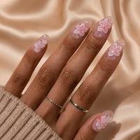 Uñas Postizas Personalizadas al por Mayor con Etiqueta Privada, Diseño Almendrado con Flor de Cerezo, 3D, Rosa Perla, Efecto Gota de Rocío, Brillantes