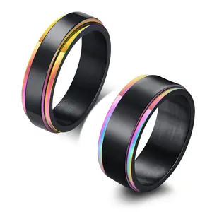 Cincin Spinner jari hitam imut pelangi baja tahan karat warna-warni mode cincin untuk kecemasan