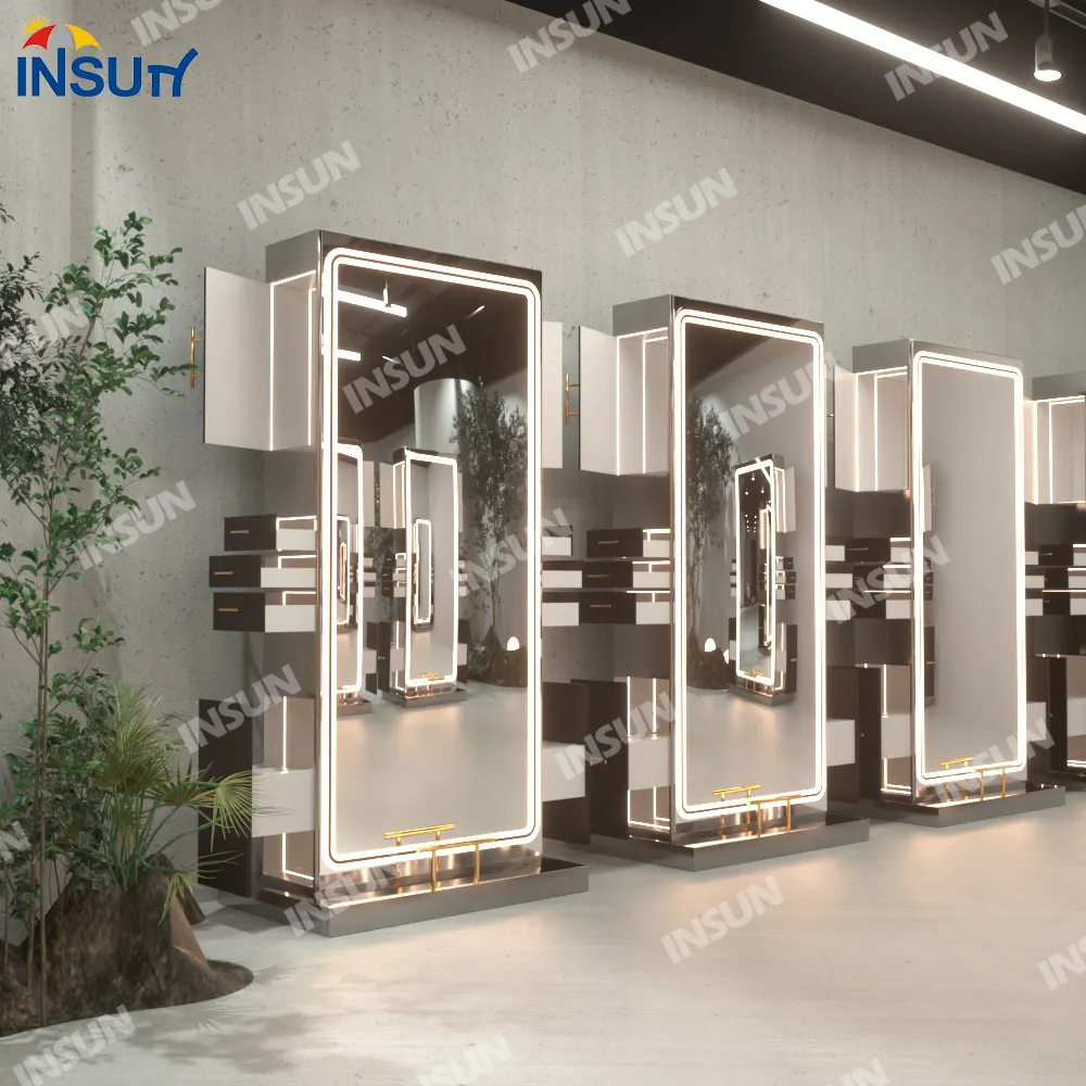 InSun 2024 New Design Stainless Customized Salon Station Mirror Single or Double Side Lighted Stainless Steel Handle