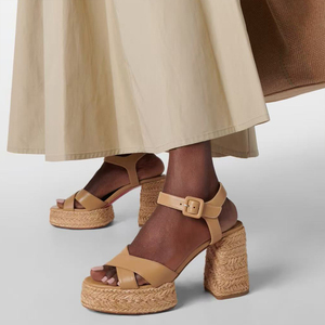 รองเท้าส้นสูงแบบสานด้วยเชือกฟาง สายรัดไขว้ แพลตฟอร์มหนา ปลายเปิดทรงเหลี่ยม รองเท้าแตะแบบสวมสำหรับผู้หญิง พร้อมสายรัดข้อเท้า - Product Image 1