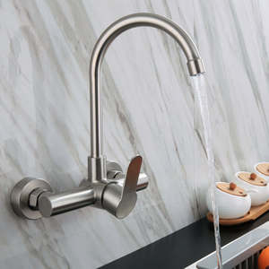 Grifo de cocina montado en la pared de acero inoxidable 304 de diseño moderno Mezclador de agua del grifo de 2 agujeros con válvula de cerámica para uso en hoteles - Product Image 3