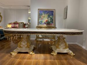 Mobili per Sala da Pranzo in Stile Villa di Lusso, <span class=keywords><strong>Tavolo</strong></span> in Legno Massello Intagliato a Mano con <span class=keywords><strong>Foglia</strong></span> d'<span class=keywords><strong>Oro</strong></span> - Product Image 6