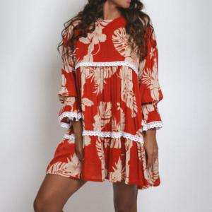 Abito a strati floreale tropicale stampato personalizzato da donna Babydoll con decorazione in pizzo 100% raion viscosa abiti corti sciolti per le vacanze - Product Image 1