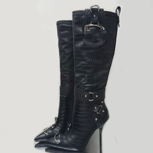 Women's Metal Decor Knee High <b>Boots</b> Pointed Toe Animal Print Long Booties Stiletto Side Zipper Stage Shoes - Product Image 5