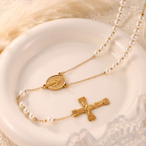 Religious Medieval Vintage Jewelry 316L Stainless Steel 14k 18k Gold Plated Bead Faith Cross <b>Rosary</b> Necklace for Women wholesale - Product Image 4