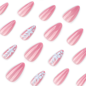 Faux ongles à presser Premium, longs, amande, rose, effet œil de chat, avec motifs feuille et fleur, scintillants, vente en gros - Product Image 5