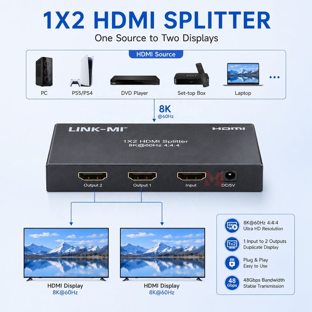 8K HDMI Splitter 1x2 HDMI Video Switch 2 Ports with Bandwidth 48Gbps and HDCP 2.2/1.4 Compliant