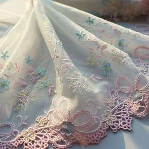 Tela de Voile Suave con Bordado de Flores Grandes en <span class=keywords><strong>Color</strong></span> <span class=keywords><strong>Rosa</strong></span>, Estilo Japonés, con Ribete de Encaje, 100% Poliéster, Soluble en Agua, 20cm de Ancho - Product Image 4