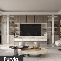 Meuble TV mural sur mesure Purvia de luxe, armoires en bois grainé, portes vitrées, étagères, console multimédia effet marbre, salon