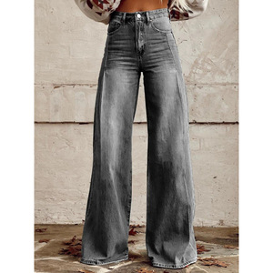 Pantalon décontracté en <span class=keywords><strong>jean</strong></span> vintage grande taille pour <span class=keywords><strong>femme</strong></span>, taille mi-haute, délavé, coupe évasée, idéal pour l'été – Meilleures ventes - Product Image 2