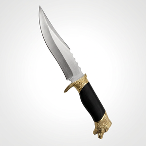 Cuchillo de Caza de Alta Calidad, Grado Industrial, Hoja de Acero Inoxidable con Punta Caída, Borde Dentado, Mango Negro con Detalles Dorados, Funda, OEM - Product Image 1