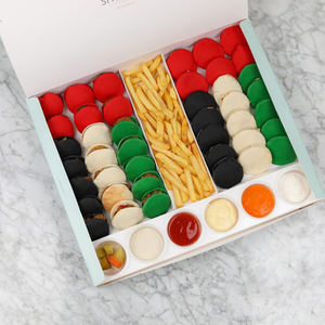 Boîte à <span class=keywords><strong>mini</strong></span>-burgers personnalisée avec logo pour la restauration, la partage de petits plats, l'emballage pour la fête nationale, la boîte à nourriture en papier avec couvercle et fenêtre pour l'Arabie Saoudite et les Émirats arabes unis - Product Image 3