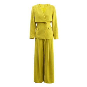 Spring New Solid Color V-Neck Button Waist Tops Draped Large Wide Leg Pants Women's Suit 2 Piece <b>Set</b> Fashion - Product Image 6