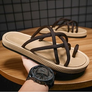 Chanclas de cuerda trenzada para hombre C09, sandalias de plataforma antideslizantes de color beige y marrón, ropa de playa de verano, talla para adultos - Product Image 1