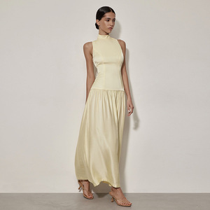 Vestido de noche sin mangas, espalda descubierta, largo, de satén, con cintura natural, para mujer - Product Image 1