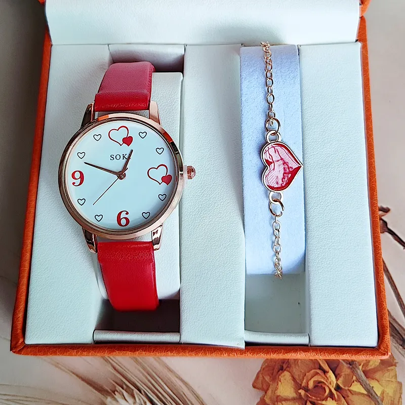 6071 Fabriek Direct Hart Eenvoudige Dames Horloge Lederen Riem 2 Stuks Set Elegante Vrouwelijke Armband Horloges Dames Cadeau