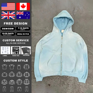 Sweat à capuche de haute qualité en coton 100% avec effet délavé à l'acide, fermeture éclair et broderie vieillie - Product Image 2