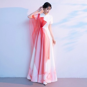 Women's Chinese Style Long Dress Stand Up Collar Short Sleeve Red Gauze Performance Wear Stage Costume Coming Of Age Ceremony - Product Image 3