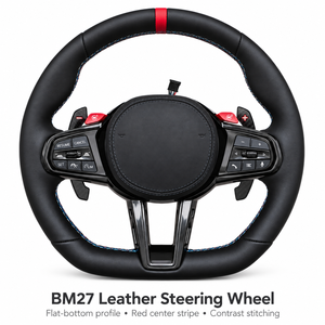 Volant en cuir personnalisé à fond plat BM27 pour BMW G20 G30 avec bande centrale rouge et disposition de boutons multifonctions - Product Image 1