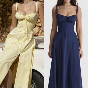 Falda acampanada hasta <span class=keywords><strong>el</strong></span> suelo informal elegante estilo francés para <span class=keywords><strong>mujer</strong></span> europea <span class=keywords><strong>americana</strong></span> Vestido con tirantes divididos 100% poliéster gasa Natural - Product Image 3