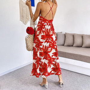 Vestido sin mangas con cuello en V y estampado de hojas en rojo para vacaciones de verano en <span class=keywords><strong>la</strong></span> playa, venta al por mayor directamente de fábrica. - Product Image 2