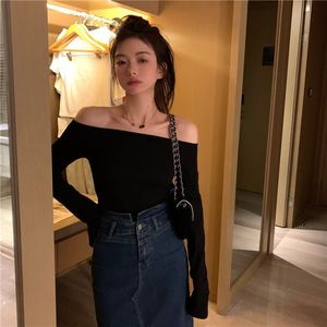 T-shirt casual <span class=keywords><strong>monospalla</strong></span> a maniche lunghe, trasparente e seducente, da donna, tinta unita, vestibilità slim che esalta la silhouette, top nero - Product Image 4