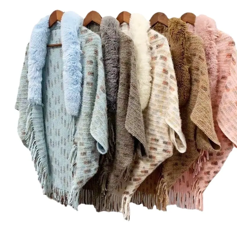 暖かい毛皮の襟ニットショールノースリーブバットスリーブケープ大カーディガン女性ショール工場卸売