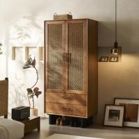 Armoire en rotin en bois massif de style mi-siècle, armoire de rangement, style wabi-sabi, chambre d'hôtel, armoire à deux portes