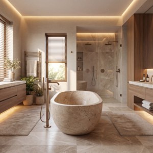Baignoires ovales modernes sur mesure de luxe en marbre Botticino Classico, autoportantes, pour salle de bain, villa, hôtel - Product Image 1