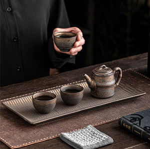 ถาดชาเซรามิกสไตล์ญี่ปุ่นแบบหยาบ ทำมือ ถาดรองน้ำชาแบบเรโทร ถาดรองน้ำชาแบบมินิมอลสำหรับเทน้ำชา - Product Image 2