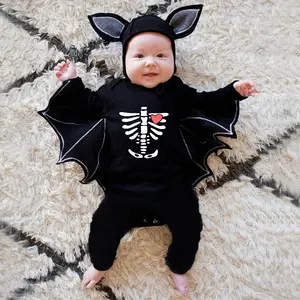 New Halloween trẻ em của trang phục COSPLAY sọ Bộ Xương quần áo bat hình Romper trẻ sơ sinh bodysuit