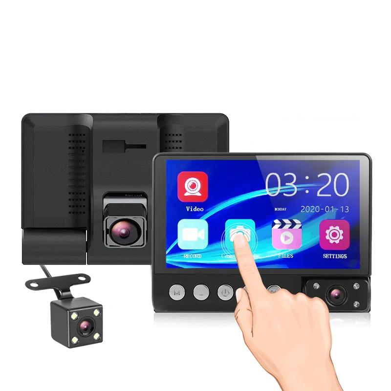 Nouveau 4 pouces écran tactile FHD 1080P voiture DVR 3 caméra lentille dash cam IR vision nocturne enregistreur vidéo de conduite en temps réel l'enregistrement en boucle