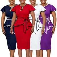 Robes d'été C8670 pour femmes, robes décontractées élégantes à manches évasées, col rond, couleur contrastée, robe à volants à lacets, robe de bureau pour femmes