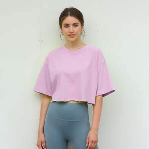 Camiseta Deportiva de Manga Corta para Mujer, 100% Algodón, con Logotipo Personalizado, para Gimnasio, Yoga, Entrenamiento, Estilo Holgado, Cuello Redondo - Product Image 4