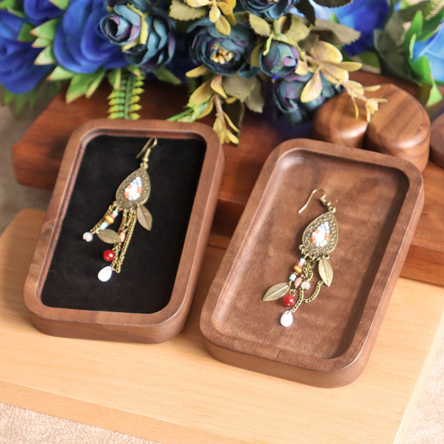 Black Walnut Solid Wood Rectangular Retro Jewelry Display Tray with Internal Chamfer for Earring Brooch Ring Storage Women