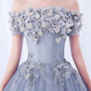Off Shoulder Tulle Ball Gown With 3D Floral Embellishments Natural Waistline Strapless Long Evening Dress For Women - Product Image 2