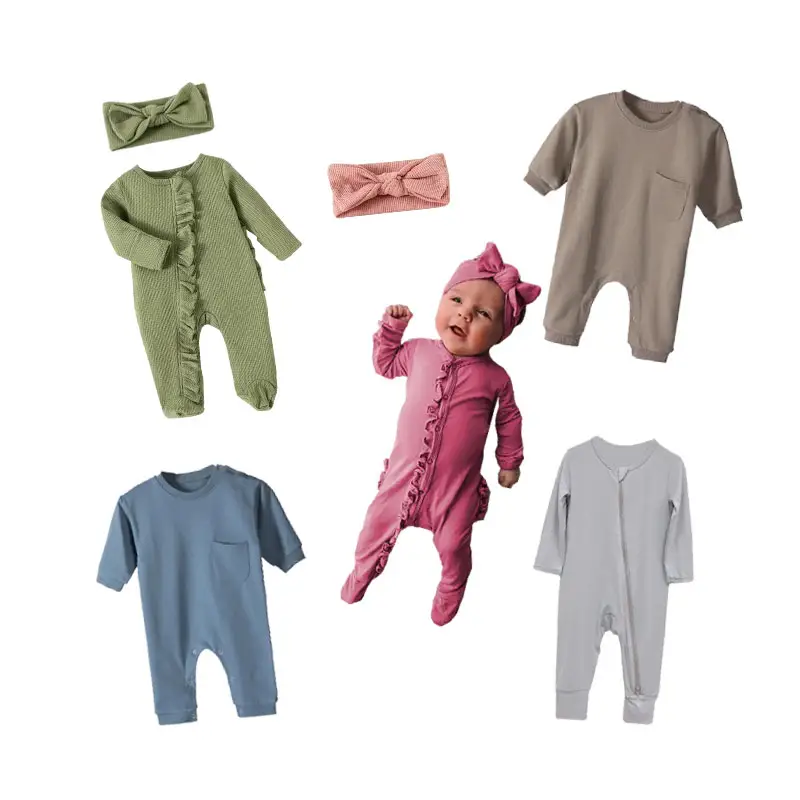 Venta caliente bebé mameluco fibra de bambú color puro recién nacido onesie dormir mono trajes ropa