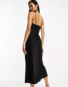 Cuello cuadrado Correas ajustables Panel recortado Negro Vestido largo formal de mujer - Product Image 5