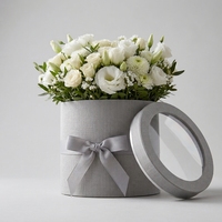 Boîte à chapeaux ronde personnalisée avec logo, boîte à fleurs de luxe en lin gris avec fenêtre, boîte cadeau cylindrique rigide, emballage en gros