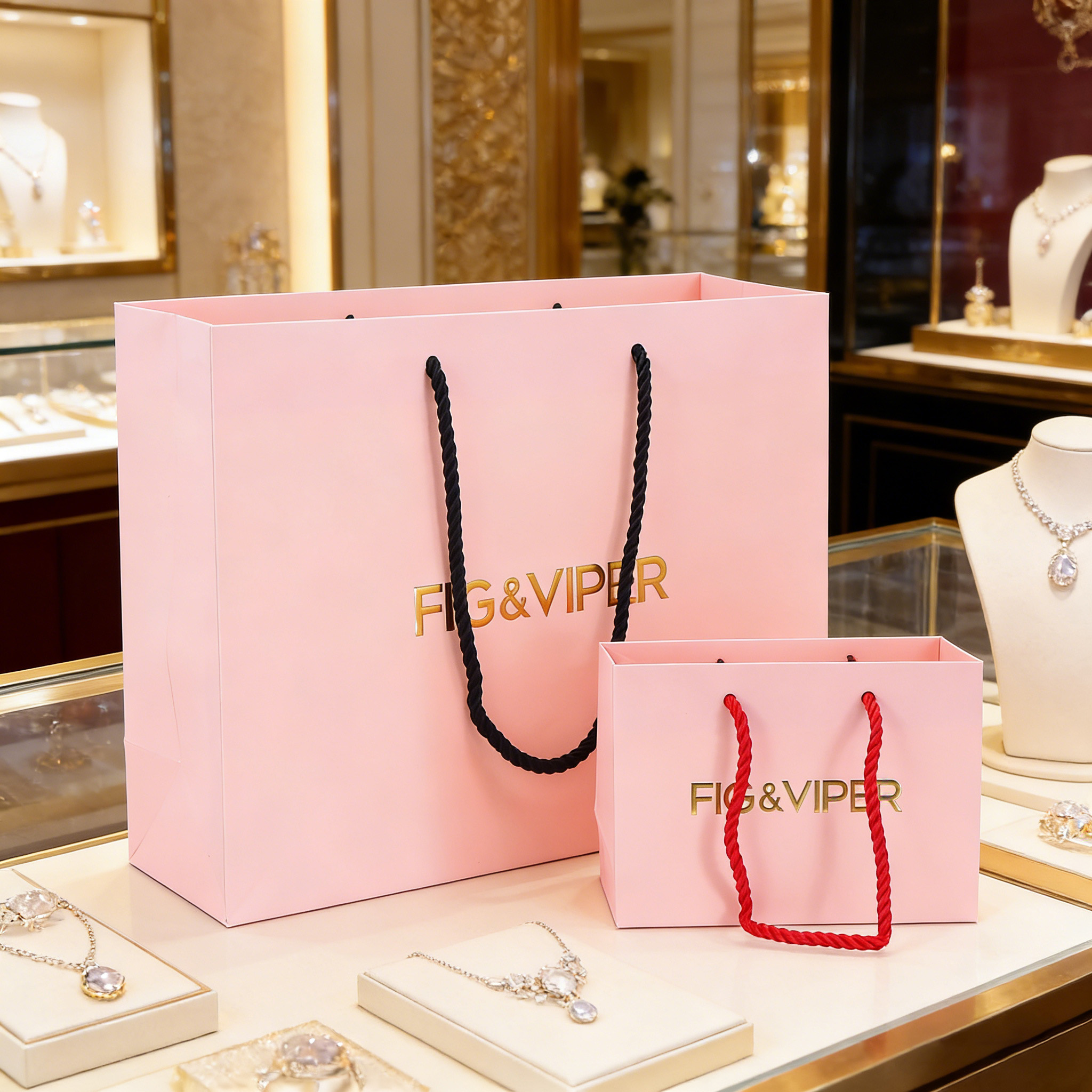 Custom Luxury Pink Gold Stamping Printed Rings Jewelry Eyewear Packaging Gift Shopping Party Birthday Paper Bags