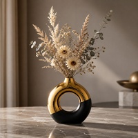 Vase en céramique Art Déco noir et or, vase à fleurs moderne à centre creux pour la décoration du salon, du bureau et de l'hôtel