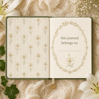 LABON Carnet de rituels botaniques vert sauge avec dorure céleste, motif Lys Rose Iris, Grimoire, grille pointillée, cadeau sorcière