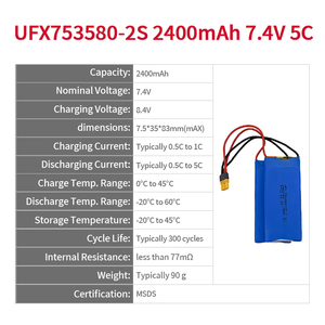 High Rate 5C OEM UFX 753580-2S 2400mAh <strong>7.4V</strong> Lithium <strong>Polymer</strong> Lipo Ion <strong>Batteries</strong> Pack <strong>LI</strong>-ion Cylindrical <strong>Batteries</strong> Factory MSDS - Product Image 2