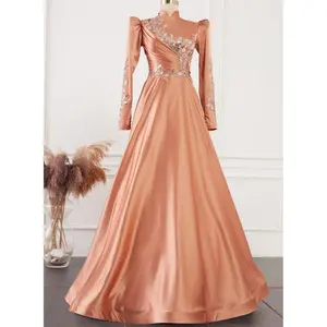 Robe de mariée islamique personnalisée OEM ODM, robes de mariée modestes en satin pour musulmans, robes de soirée musulmanes arabes pour dames