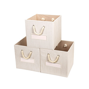 Paquete de 3 plegable de tela de bambú de almacenamiento de contenedores para cubo organizador con cuerda de algodón manijas plegable cesta de <span class=keywords><strong>beige</strong></span> - Product Image 1
