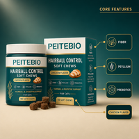 PEITEBIO Friandises à Mâcher Douces pour Chats Contre les Boules de Poils avec Fibres de Psyllium et Prébiotiques Saveur Poulet Soutien Digestif 90 Unités