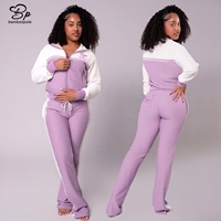 Ensemble décontracté 2 pièces pour femme : survêtement en maille gaufrée à manches longues avec logo personnalisé, haut court zippé et pantalon évasé