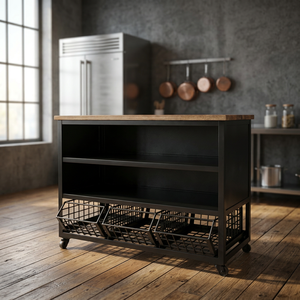 Armoire de salon en métal industriel avec dessus en bois, 3 bacs de rangement, design moderne, couleur noire, meubles pour la maison - Product Image 3