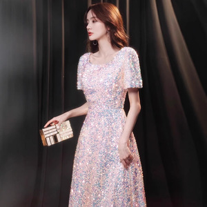 Women's Sequined Evening Gown O-Neck Natural Waist Candy Color Long Dress For Coming Of Age Ceremony - Product Image 2
